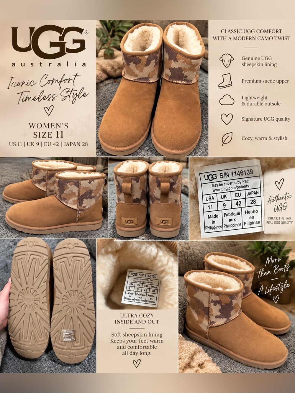 UGG Women’s 11 Chestnut Camo Classic Boots Rare Style New Never Worn
